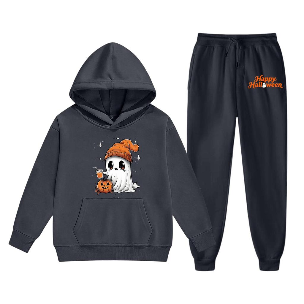 Kids Halloween Hoodie and Sweatpants Set Ghost Pumpkin Print Hooded Sweatshirt and Matching Bottoms Comfortable Fit for Boys and Girls