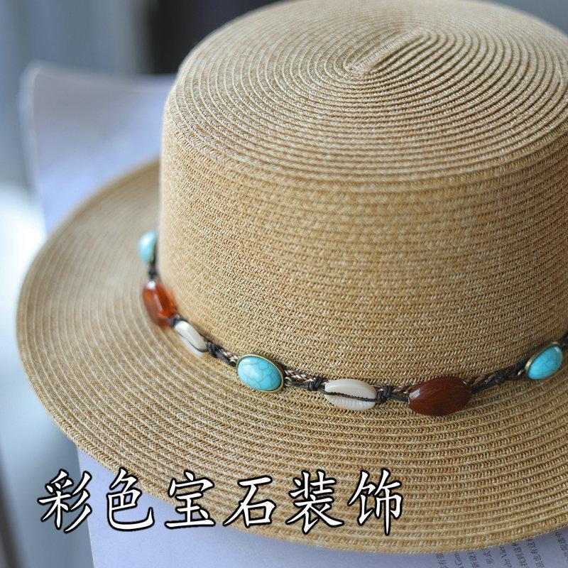 Colored Gems Decoration~ Bohemian Seaside Vacation Shade Flat Top Hat Women's Spring and Summer Vintage Straw Hat