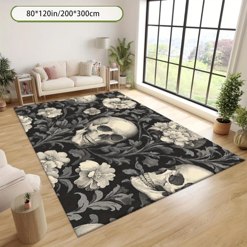 Black Skull Floral Large Area Rug 2D Flat Print Non-Slip Sofa Floor Mat for Living Room Bedroom Entryway Home Decor