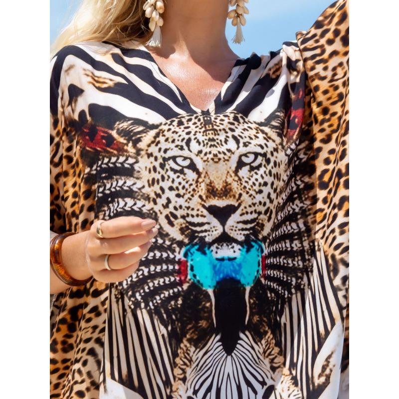 Женская мода лето весна леопардовый принт рукава 1/2 V-образный вырез свободная талия повседневные платья