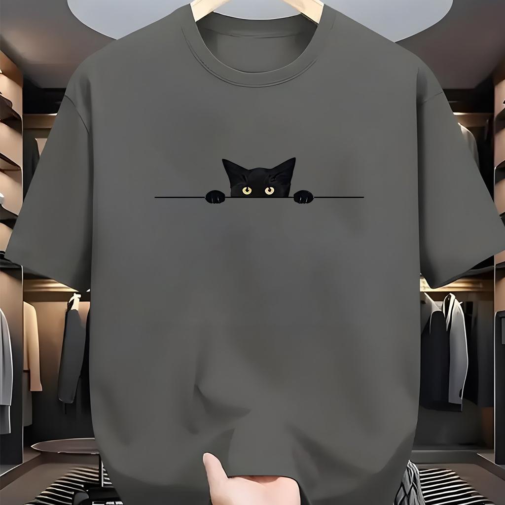Мужская летняя модная повседневная футболка с круглым вырезом и коротким рукавом, свободного кроя, с милым принтом кота, из 100% хлопка