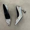Fashion Fashion Silver High Heels Women's 2024 New French Pointed Sexy Pleated Metal Stiletto Heel Shoes OL Commuter Shoes