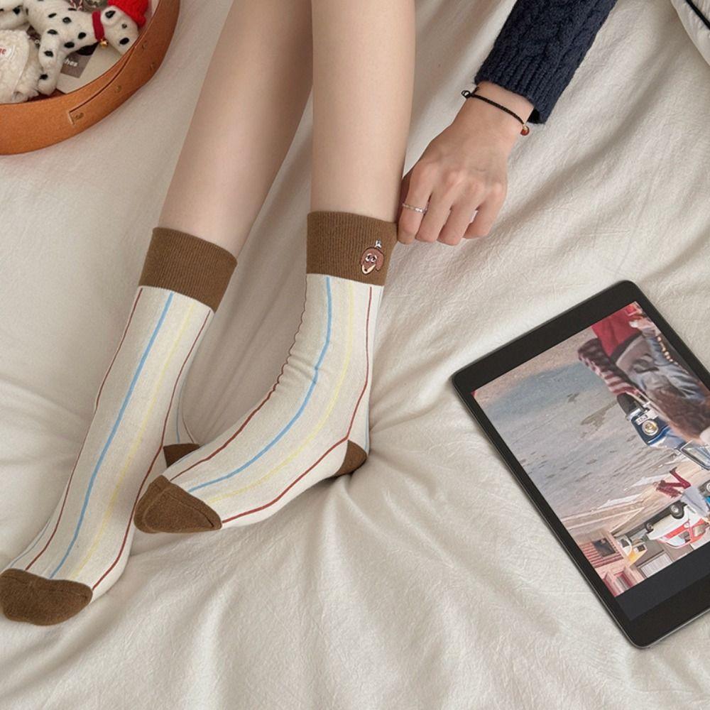 4 Pairs Embroidered Puppy Mid Calf Socks Warm Kawaii Striped Socks Fashion Dog Crew Socks Daily Use