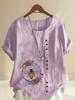 Women's Fashion Bee Flowers Print Shot Sleeve T-shirt Loose Cotton Shirt Casual Loose Summer Blouse Tops Plus Size
