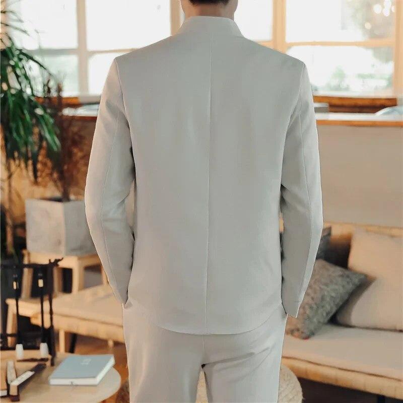 Комплект из 2 предметов, костюм, пальто, брюки, модный мужской повседневный бутик с воротником-стойкой, льняное платье в китайском стиле, блейзеры, куртка, брюки