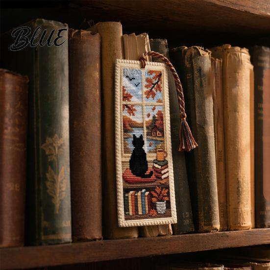 Закладка для книги вышивка крестом Сезонный кот Закладка для книги вышивка крестом Четыре сезона Черная с художественно сплетенным шнурком Ручная работа Маркер для страниц книги для любителей
