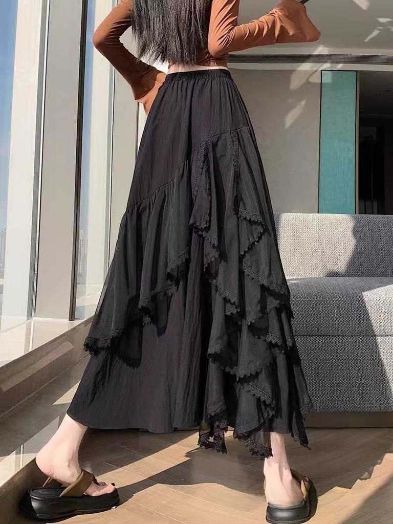 Cotton Blended Irregular Lace Maxi Skirt With Ruffle Hem For Fashion Women