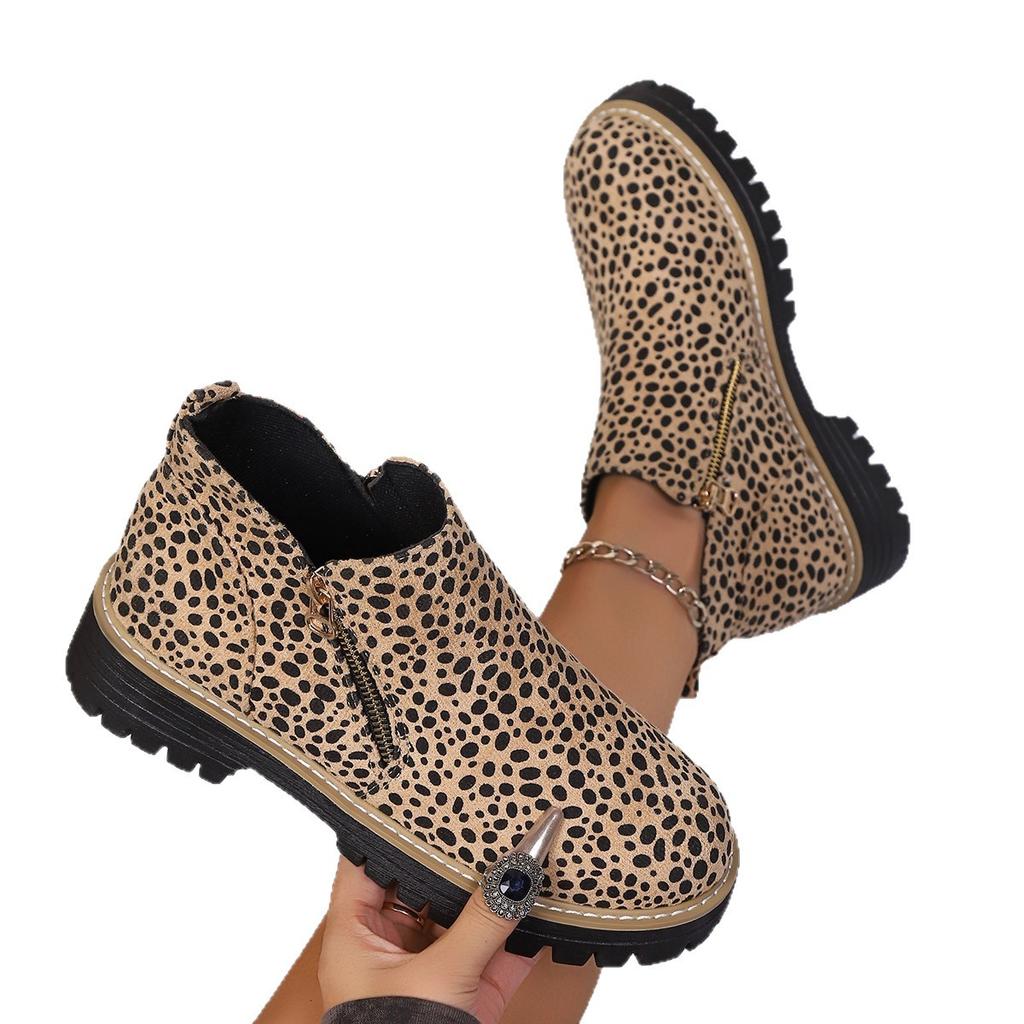 Leopard Print Plus Size Booties Women's Winter 2025 New Round Toe Side Zipper British Style Martin Boots