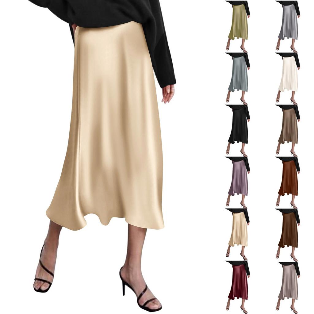 Women's High Waist Skirt Women's A-line Skirt Summer Solid Color Midi Skirt High Waist