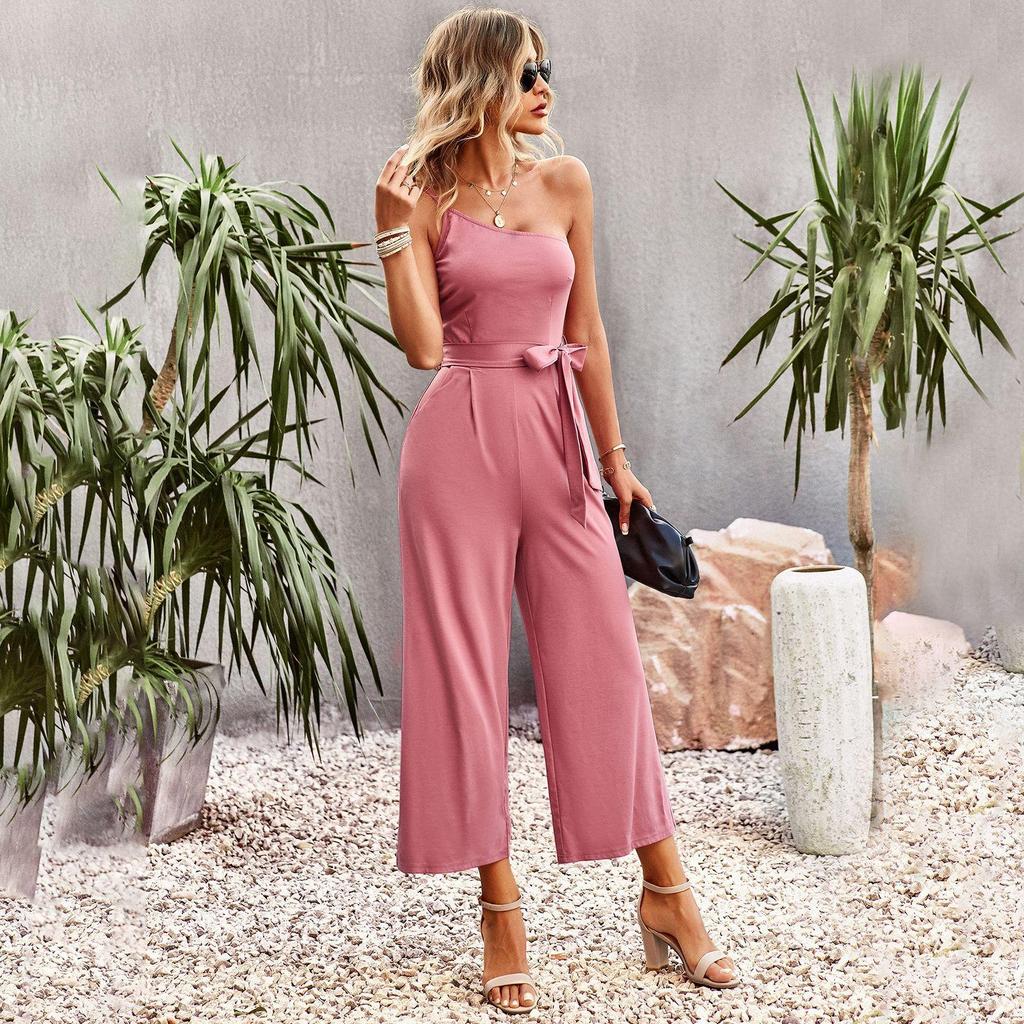 Off Shoulder Strap Jumpsuit Women's Spring Summer Temperament Commuting Solid Color Straight Pants