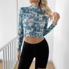 Spring and Summer Women's Transparent Blue Printed Long-sleeved Small Stand-up Collar Mesh Short T-shirt Versatile Closet Essential Fashion Shirt