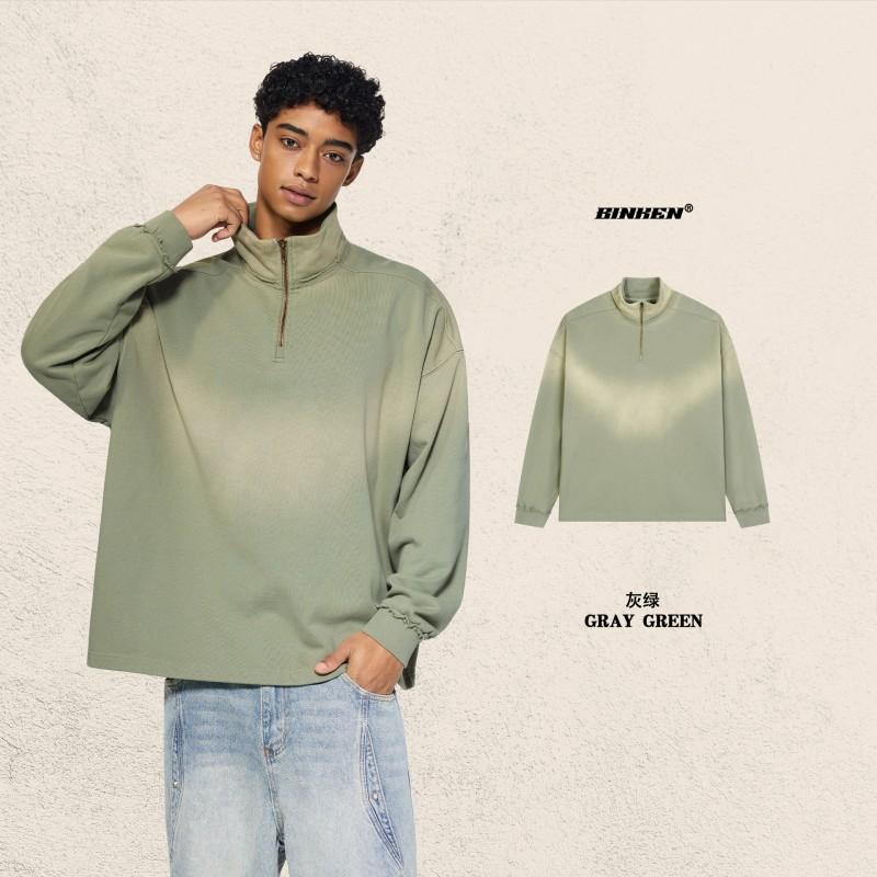 Vintage Half-Zip Sweatshirt Men Women 465GSM Heavyweight Stand Collar Distressed Pullover Loose Fit Retro Top