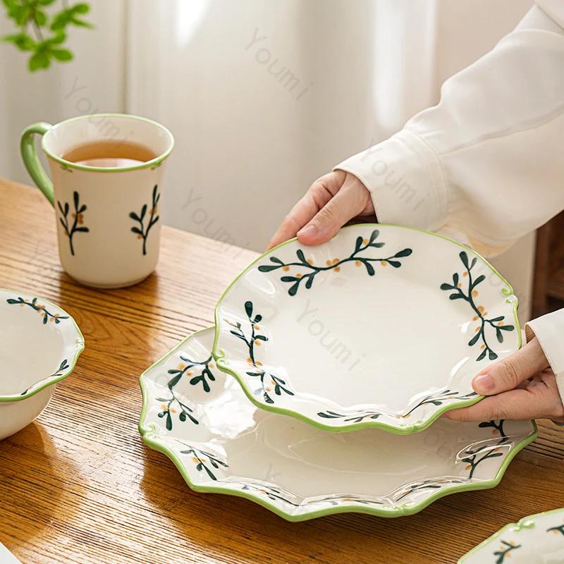 Необычные расписанные вручную керамические тарелки Роскошная ресторанная тарелка для фруктового салата Домашняя вкусная еда Обеденная тарелка Изысканная столовая посуда