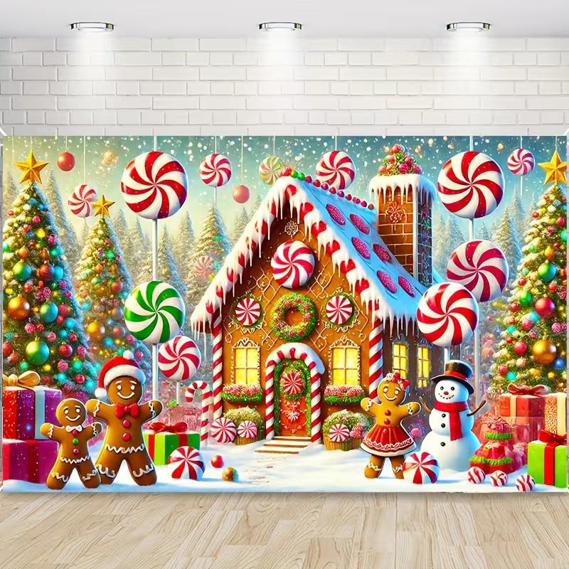 2D Flat Winter Candy Land Banner, Gingerbread Men & Snowman Background for Christmas Decoration