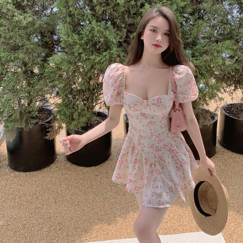 Летнее платье с цветочным принтом для женщин, мини-платье с квадратным вырезом и высокой талией для девочек