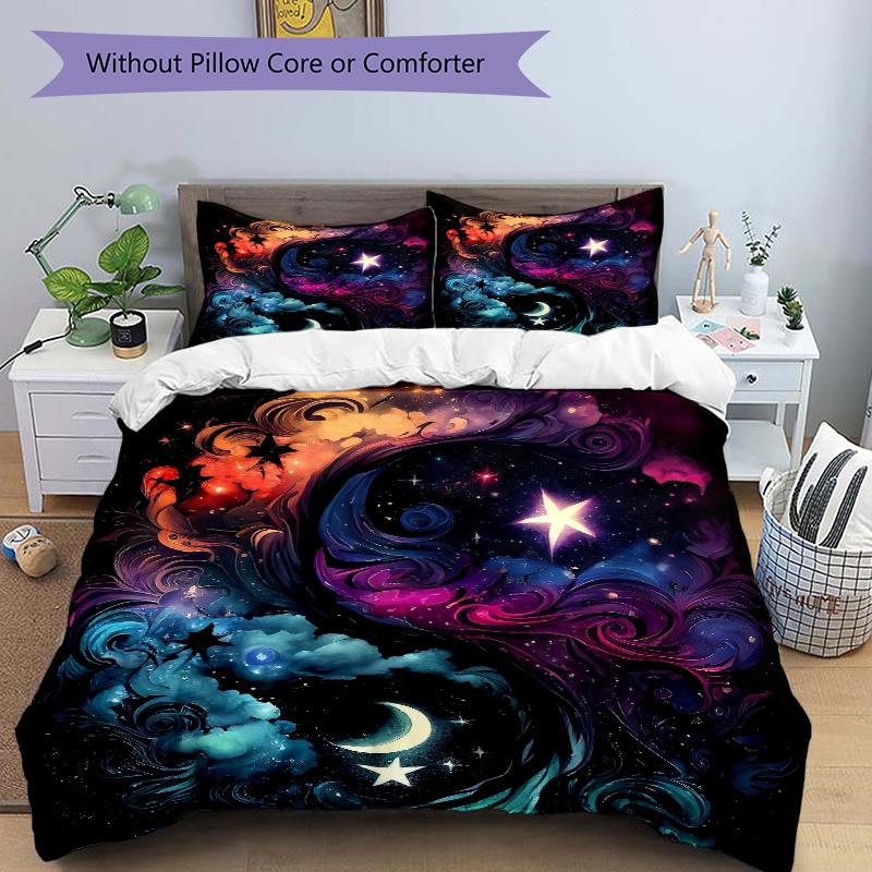3pcs Celestial Dance in Vibrant Swirls and Stars Bedding Set - 1 Soft Quilt Cover + 2 Pillowcases, Machine Washable - Suitable for All Seaso