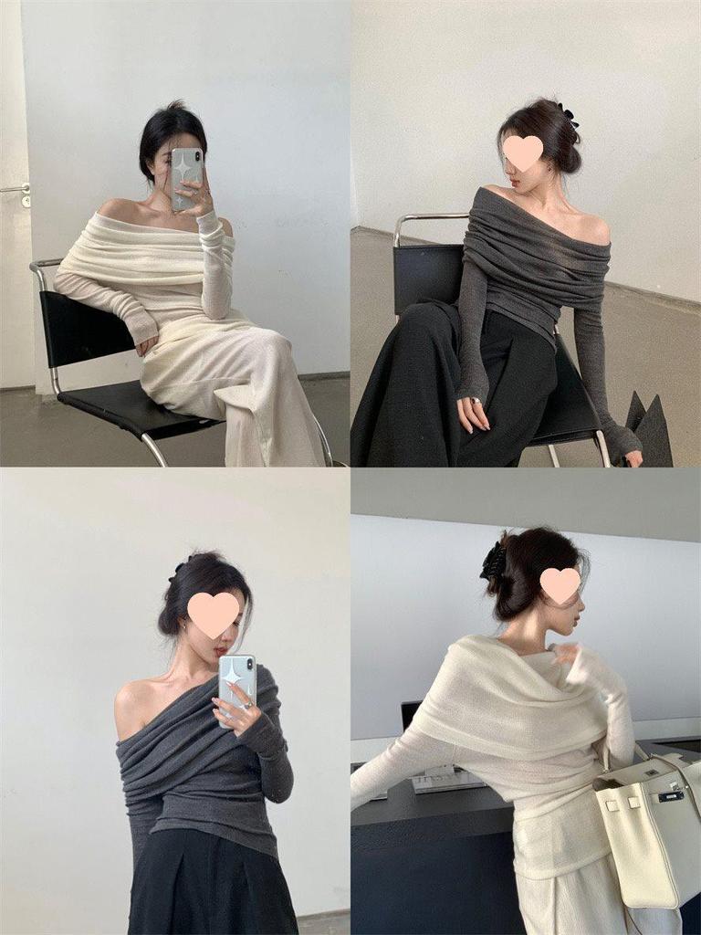 Женский облегающий трикотажный топ с открытыми плечами во французском стиле: Плиссированный дизайн Весна/Осень