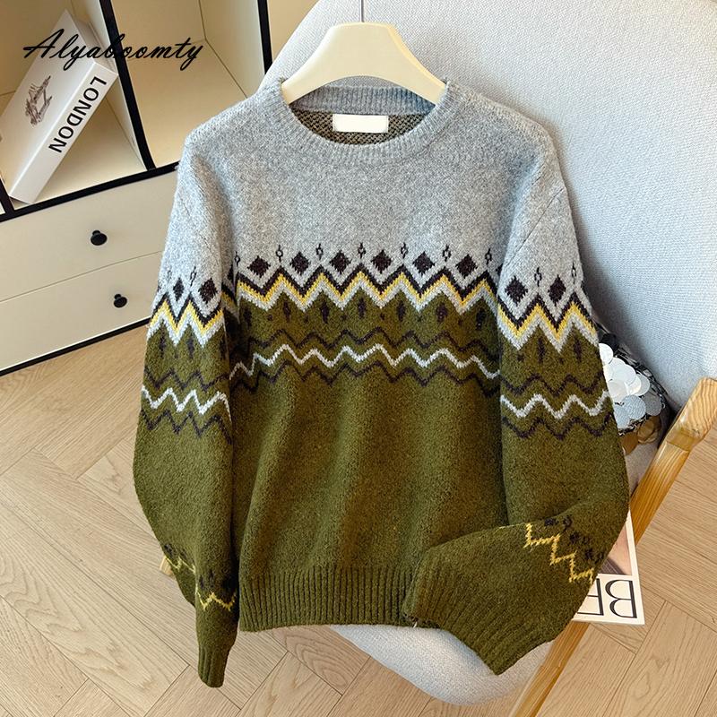 Корейская Мода Осень Зима Женский Базовый Свитер О-образный вырез Контрастный цвет Вязаный пуловер Длинный рукав Толстый Теплый Вязаный Верхняя одежда