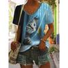 Summer V-neck 3D Cat Printed Top Fashionable Casual Short Sleeved Women's T-shirts