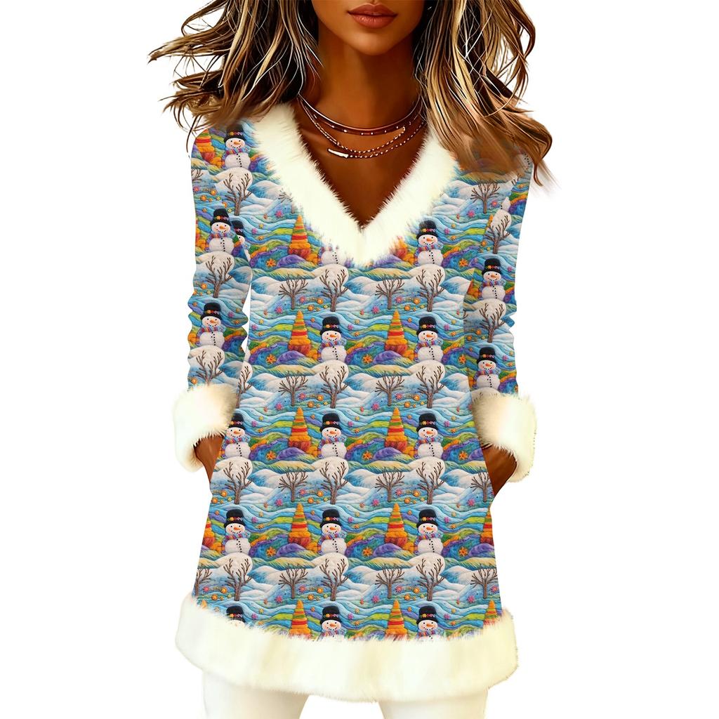 Женский рождественский модный плюшевый пуловер с V-образным вырезом и принтом, с длинными рукавами