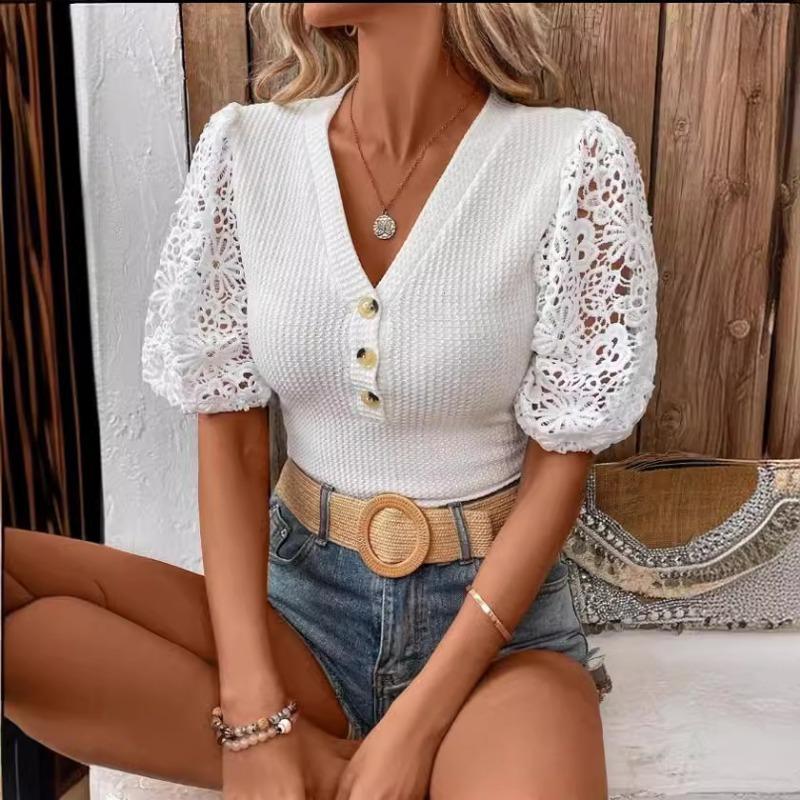New Fashion Vintage Lace Short Sleeve V-neck Shirts Women Summer Tops Elegant Slim Fit Casual Loose Blouse Women Solid Hollow Out Female Shirt 26547