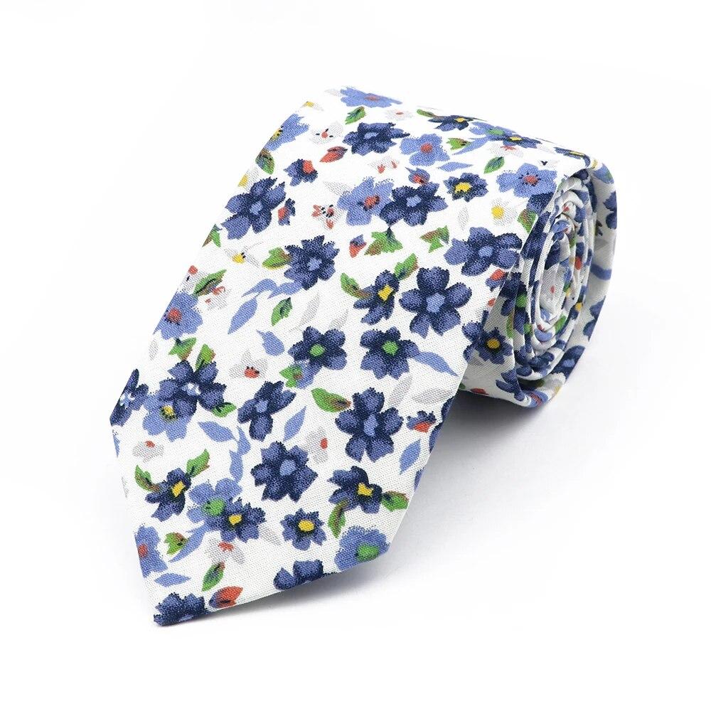 Floral Tie, For Men Women, 100% Cotton, Elegant Flower Necktie, White, Blue, Narrow Skinny, Wedding, Party