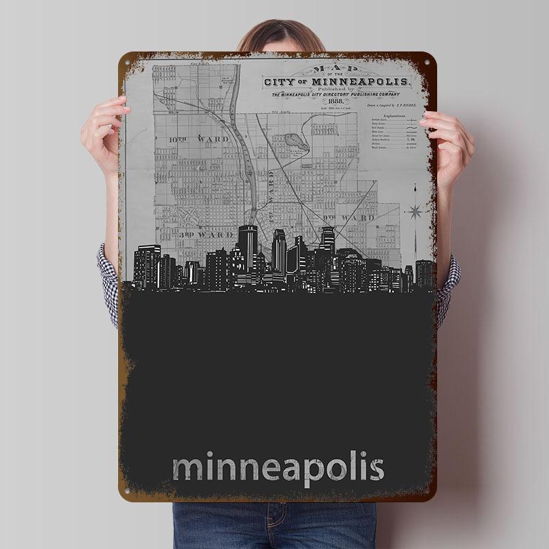 Minneapolis Skyline Grey Printed Poster Customized Wall Art Retro Vintage Metal Tin Signs for Room Coffee Bar Accessories Decor
