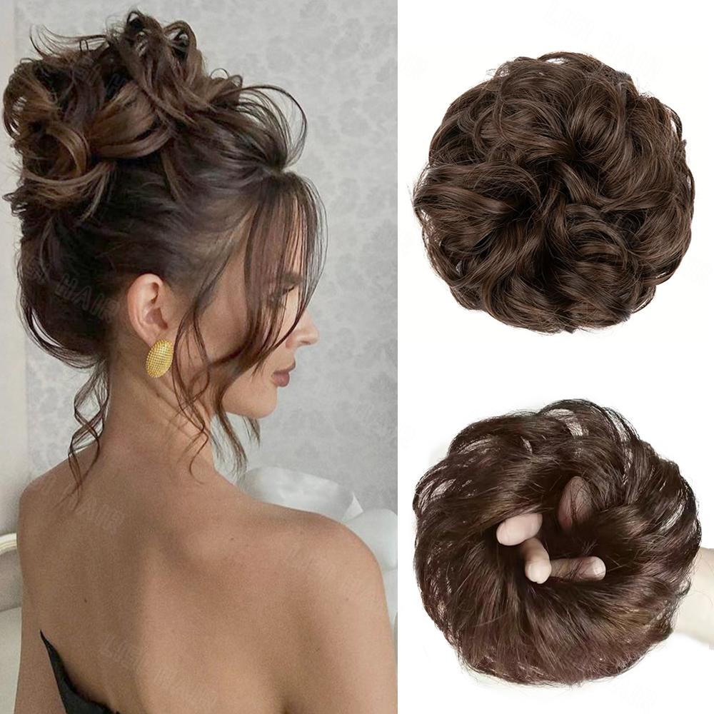 MISSQUEEN Synthetic High Bun Messy Bun Wig With Hair Extension Ponytail Band Elastic Rubber Band High Bun Ponytail Wig Extension Curly Ponytail Lady