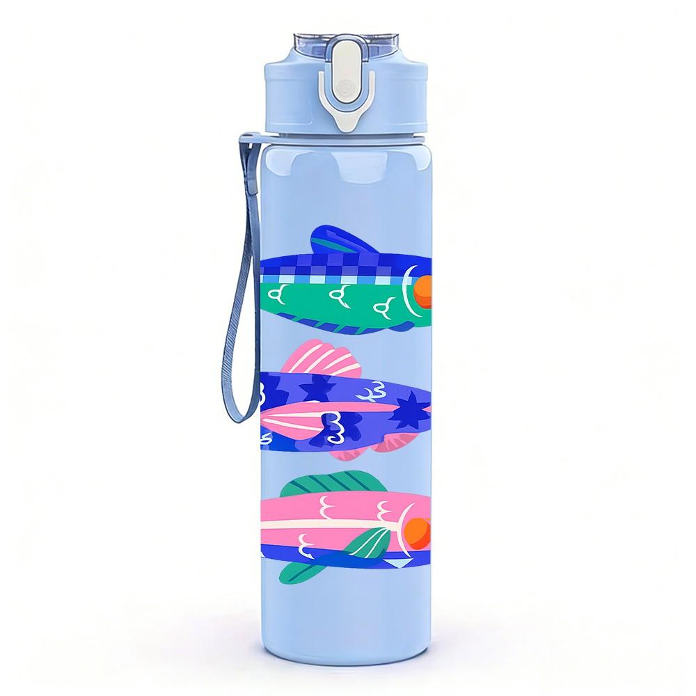 1PC Colorful Group Fish Pattern 750ml Color Plastic Sports Water Bottle Leakproof Flip Straw Lid Suitable for Sports Office Home Use