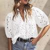 Женские топы V-образный вырез пышные короткие рукава ажурная вязаная крючком рубашка однотонная свободного кроя блузка для отдыха на открытом воздухе