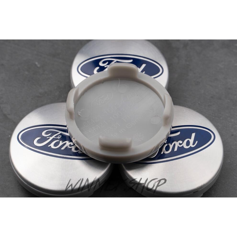 (Silver and Blue 54mm) 4 Ford 54mm Alloy Wheels Centre Caps