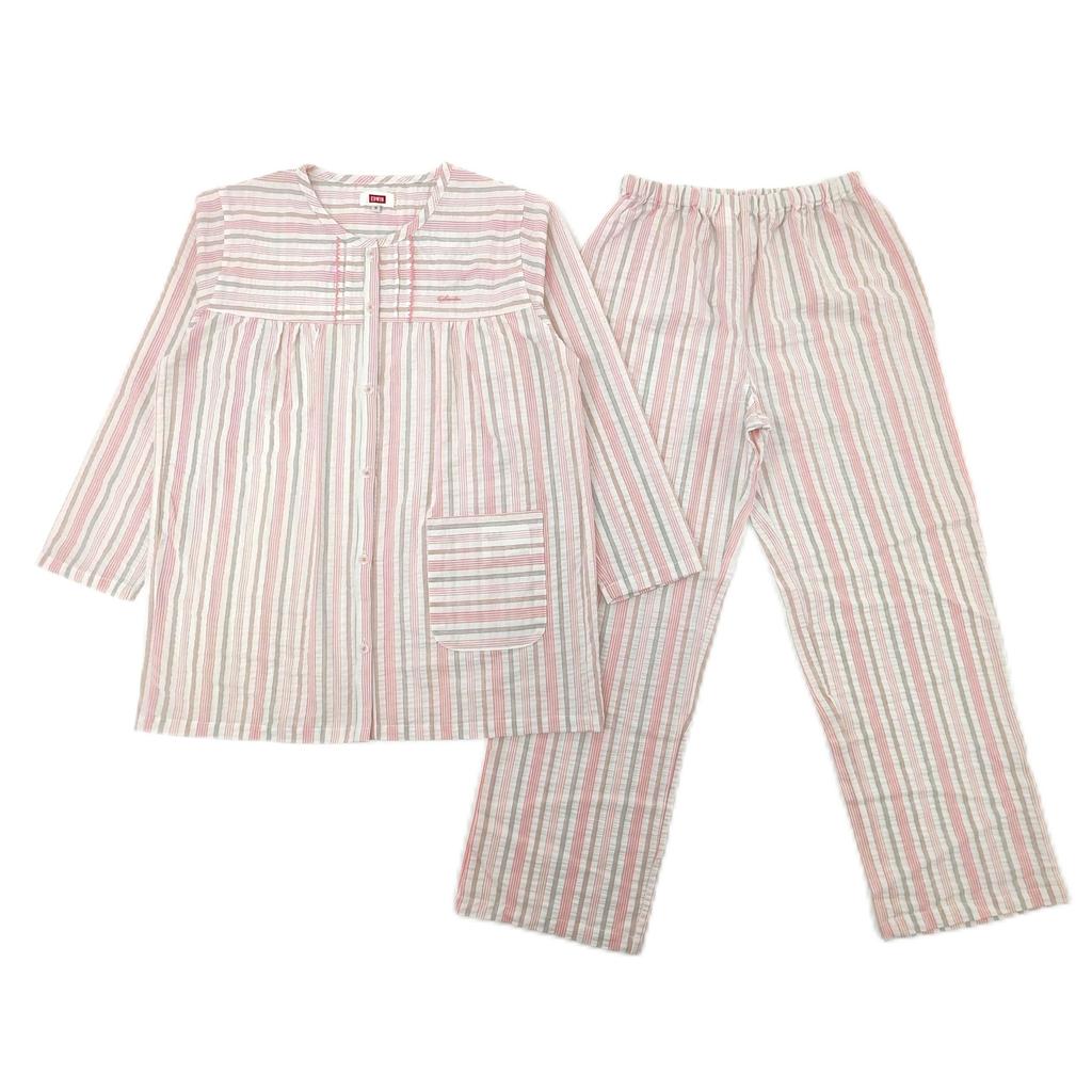 Takihyo EDWIN Long Sleeve Pajama Soccer Check and Stripe Shirt Pink Stripes Women's Set, 100% Cotton, Pattern, Open-Front Pajamas,