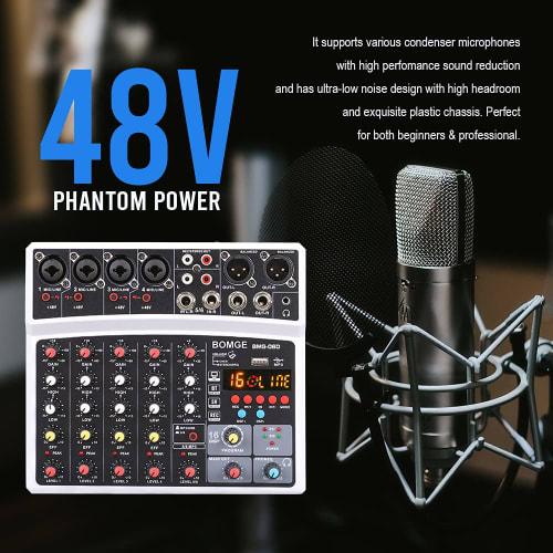 BOMGE 6-Channel DJ Audio Mixer with MP3, USB, Bluetooth, 48V Phantom Power, 5V Power Supply, and 16 DSP Echo Effects for Live Performances, Music, Kar