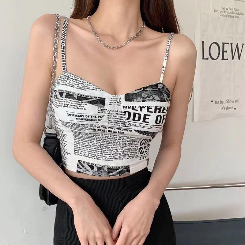Женский бюстгальтер Push Up Camisole с подкладками, сексуальный топ с подтяжками, модные напечатанные газеты, женские мягкие топы без рукавов