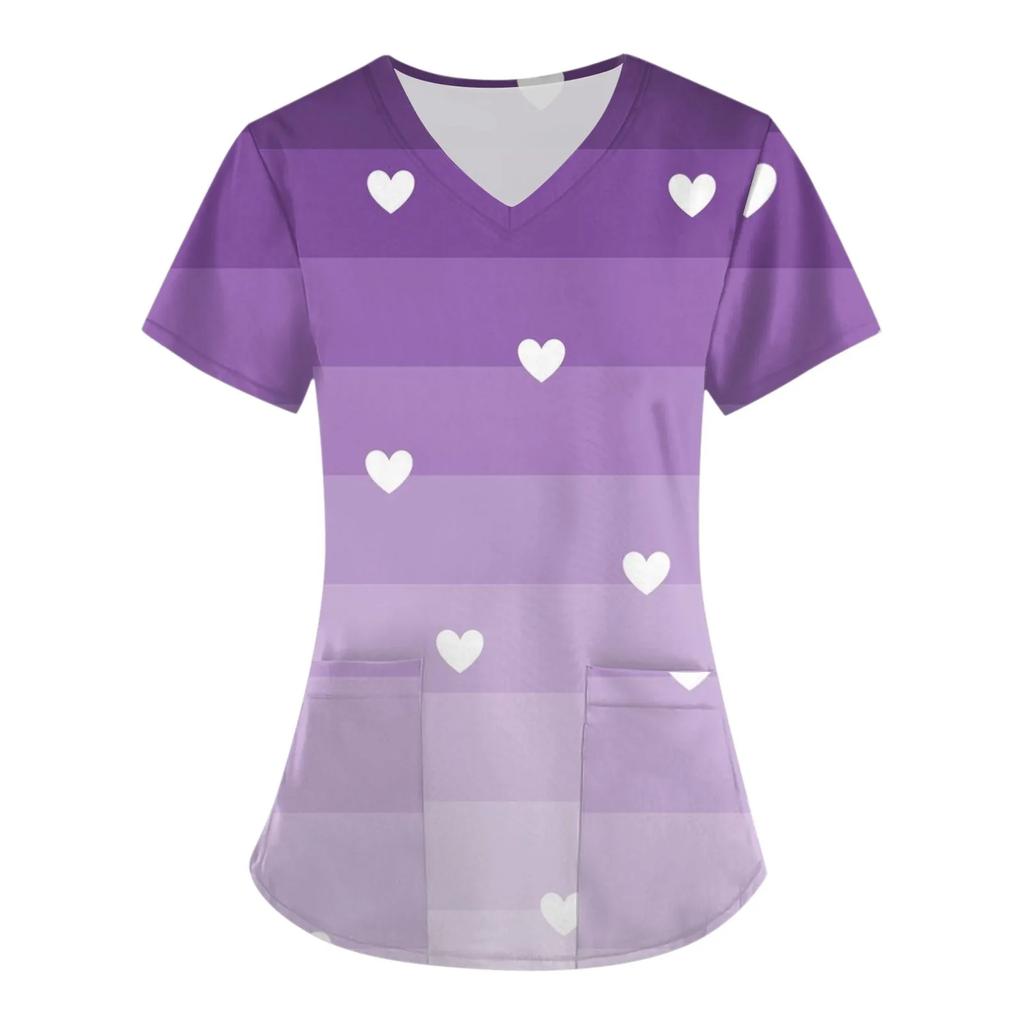 Women Working Uniform Smile Heart Print Cartoon Cat Dog Short Sleeve V-neck Tops Femme Blouse Nurse Work Wear Medical Uniforms