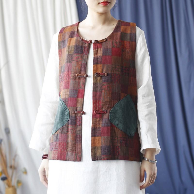 Johnature Women Vintage Plaid Vests O-Neck Button Autumn Patchwork Pockets Women Chinese Style Vests