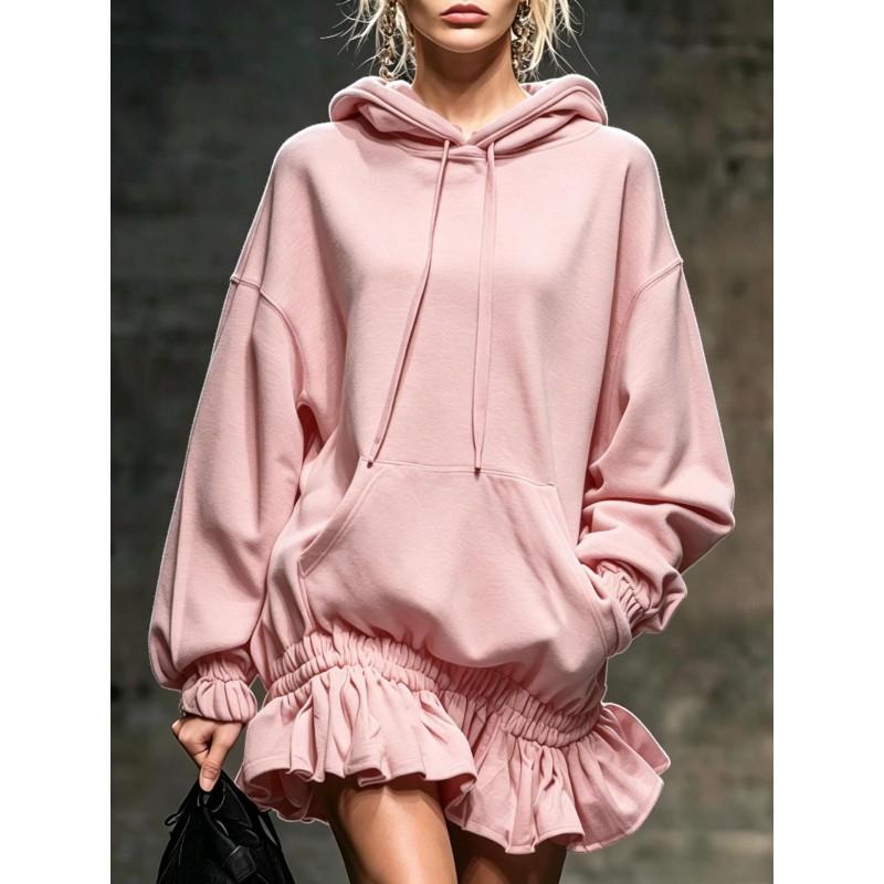 Womens Oversized Hooded Sweatshirt Dress With Ruffle Hem Drawstring Waist Loose Fit Short Skirt