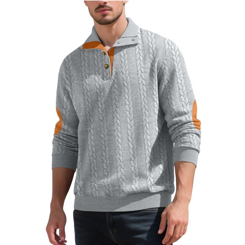 Мужской свитер-henley с косами, контрастные замшевые заплатки на локтях, воротник-стойка на 2 пуговицах, жаккардовый пуловер, винтажный, с длинным рукавом, текстурированный, повседневный вязаный джемпер