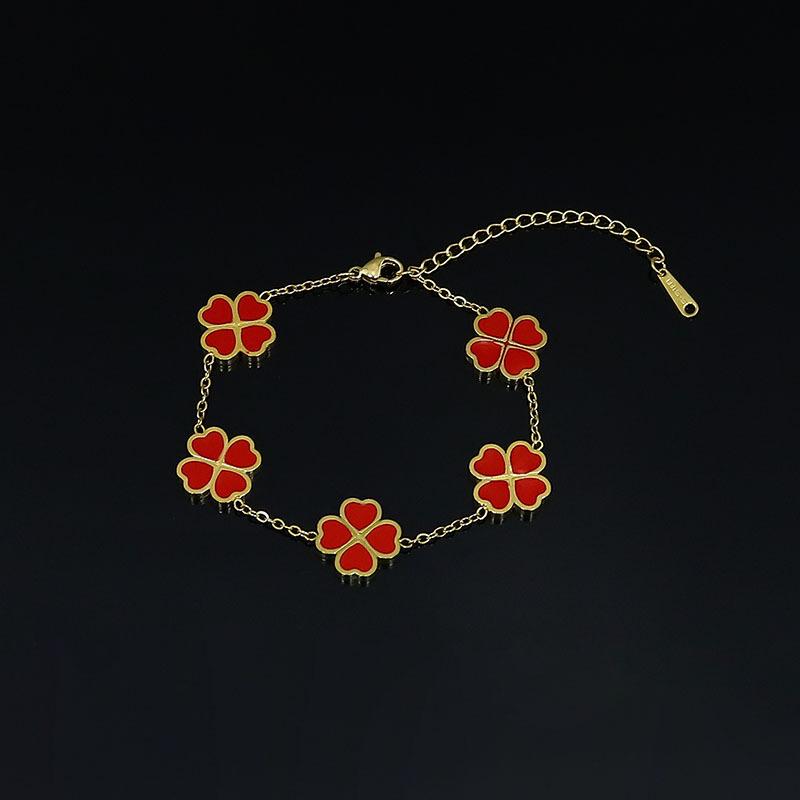 Браслет из титановой стали с четырьмя листочками клевера и пятью цветками, простой женский браслет из нержавеющей стали с эпоксидной смолой, однослойное украшение на руку девушки