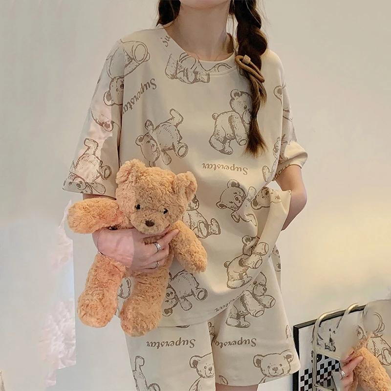 Пижама женская с короткими рукавами, короткий милый ветровой костюм, школьная пижама с рисунком медведя, с короткими рукавами, верхняя одежда, домашняя одежда