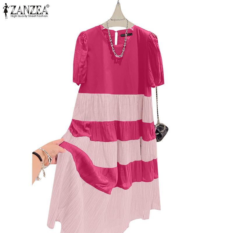 ZANZEA Женское повседневное свободное платье с коротким рукавом в стиле пэчворк с круглым вырезом