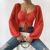 Summer V-neck Chiffon Drawstring Lantern Sleeve Tight Fashion Sexy Shirt Short Top