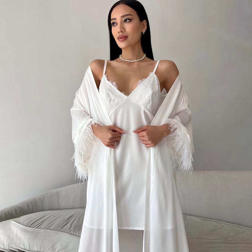 Loose and comfortable European and American summer new feather suspender nightgown pajamas two-piece loungewear women's