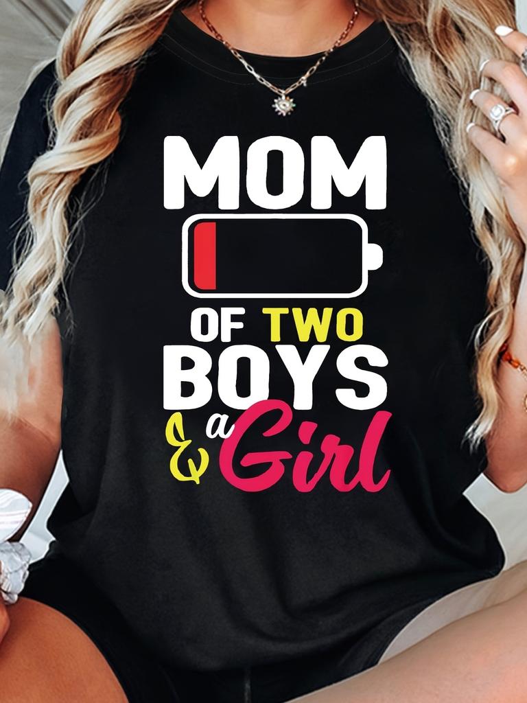 MOM OF TWO & a Letter Print T-shirt, Short Sleeve Crew Neck Casual Top for Summer & Spring, Women's Clothing