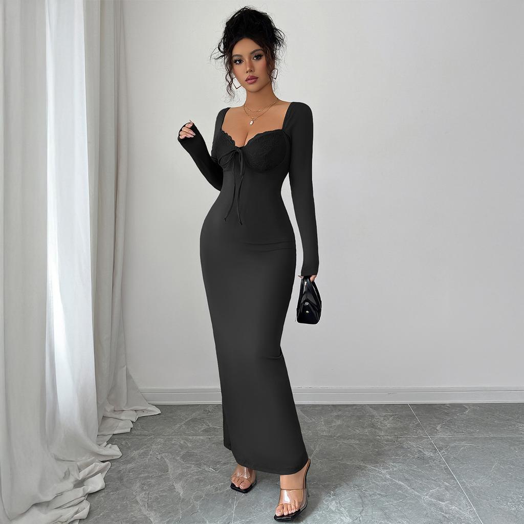 Европейский Американский Элегантный Однотонный Кружевной Платье-Юбка на Бедрах Женский Осень Зима