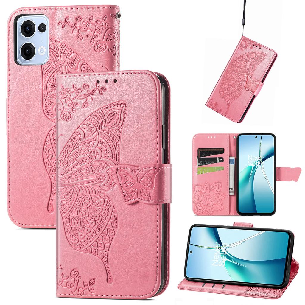 Для Oppo Reno13 5G (Глобальный) Чехол с ремешком с узором бабочки, кошелек из искусственной кожи, чехол для телефона