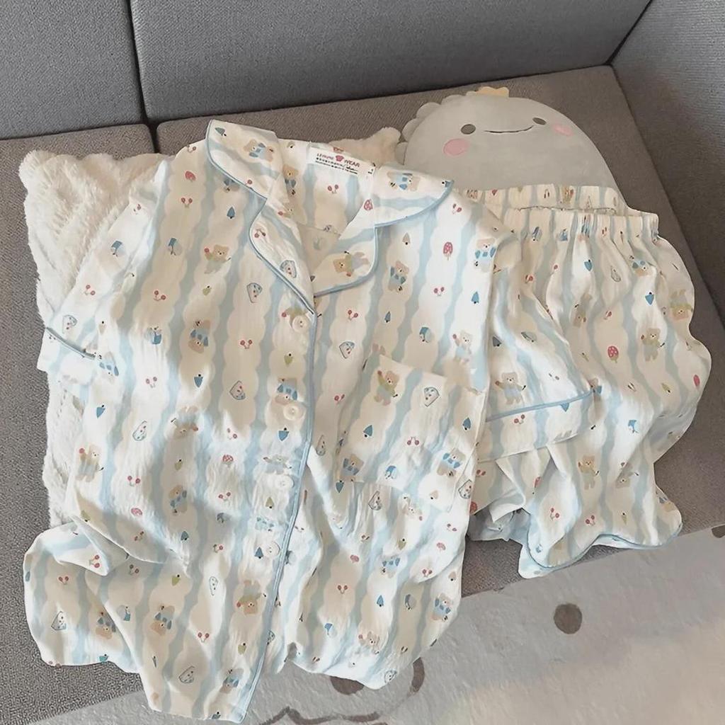 2024 Милый мультяшный женский хлопковый пижамный комплект - летний с короткими рукавами и шортами