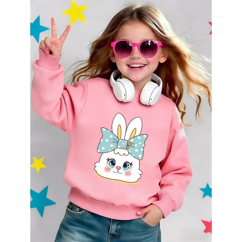 Kids Crewneck Sweatshirt, Cartoon Bunny With Bow Graphic Print