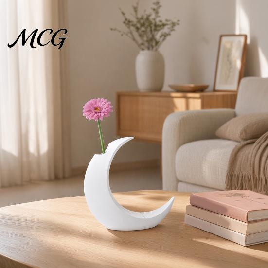 Stylish Ceramic Vase 3D Printed Moon Flower Vase, Modern Crescent Decorative Easy Care Holder Container for Living Room Table Centerpiece Durable