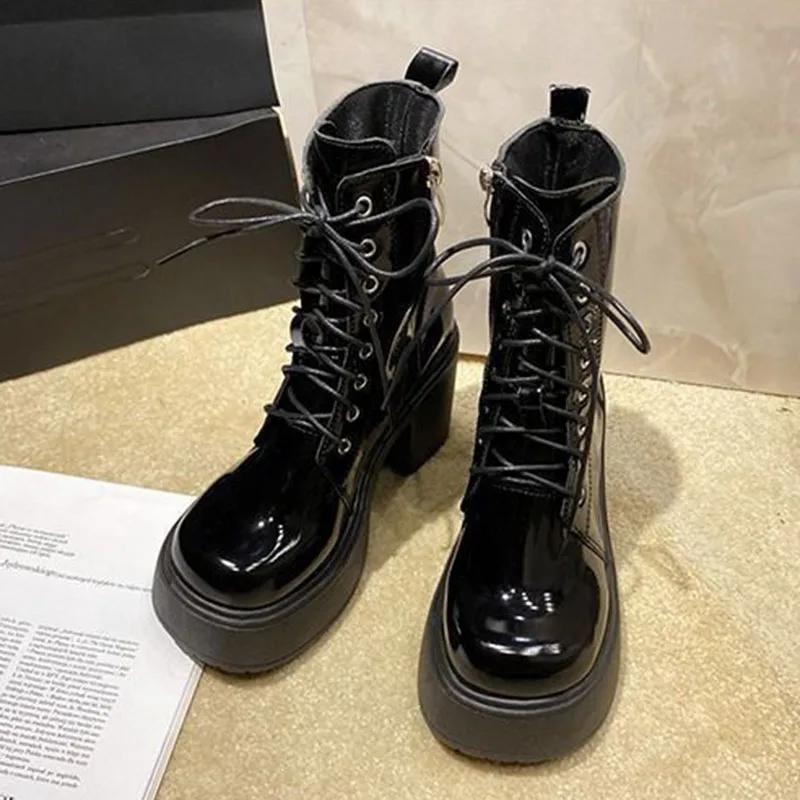 Модные туфли на толстой платформе с блочным высоким каблуком, кожаные ботильоны до щиколотки для женщин, черные, бежевые, мотоциклетные ботильоны, осень-зима 2025